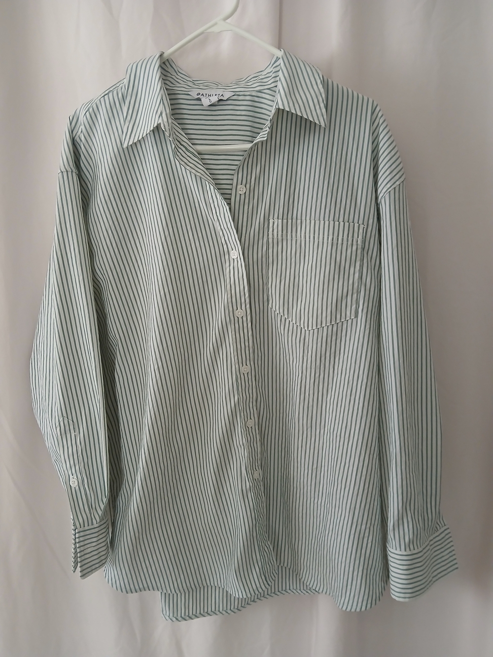 Athleta Men's Light Green and White Striped Button-Down Shirt